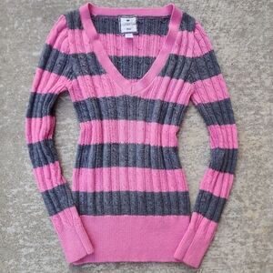 Y2K 2000s Poof Excellence Pink Gray Striped Cable Knit Women's Sweater, Sz L